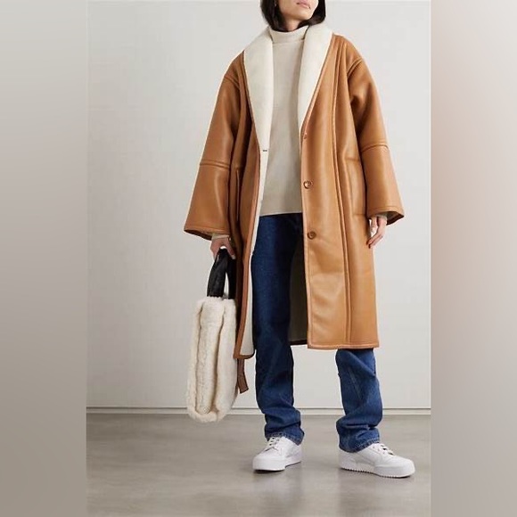 STAND STUDIO Tan Dolores Belted Shearling Coat Size 8 - Picture 7 of 13